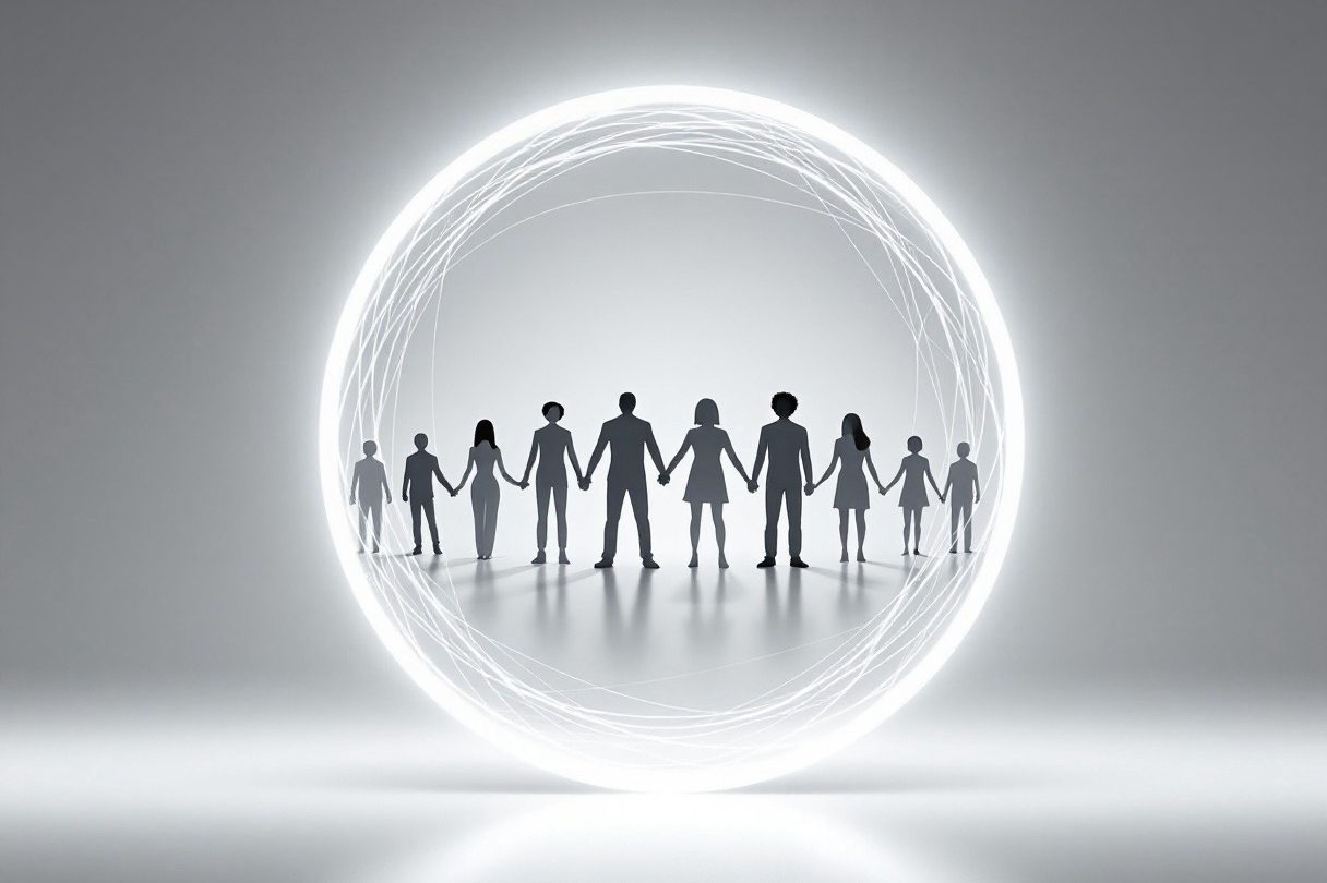 Silhouetten von Menschen, die sich in einem kreisförmigen Licht umarmen.