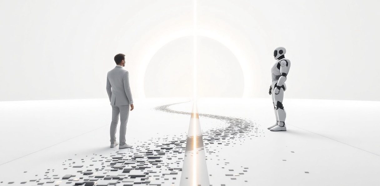 Eine Person in einem Anzug steht einem humanoiden Roboter gegenüber in einer surrealen Umgebung.