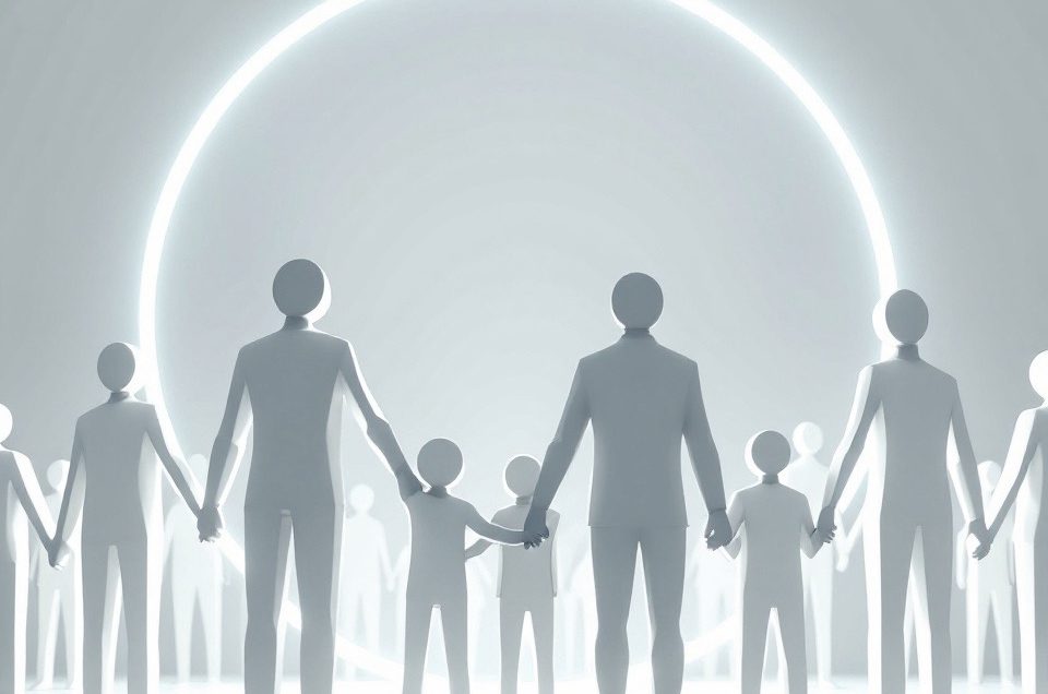Silhouetten von Menschen, die sich an den Händen halten, vor einem hellen Hintergrund.