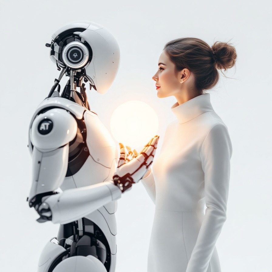 Interaktion zwischen einem humanoiden Roboter und einer Frau mit einem leuchtenden Ball.