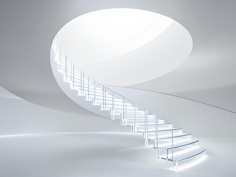 Moderne, spiralförmige Treppe in einem hellen, minimalistischen Raum.