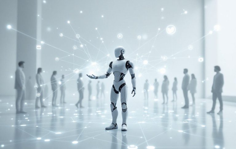 Ein humanoider Roboter steht in einer futuristischen Umgebung umgeben von Menschen.