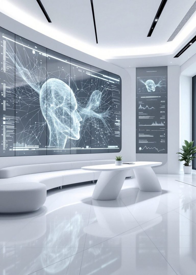 Moderne Arztpraxis mit holographischem Bildschirm und minimalistischer Einrichtung.