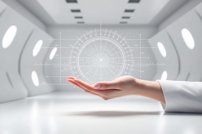 Hand hält holografische Daten in einem futuristischen, leeren Raum.