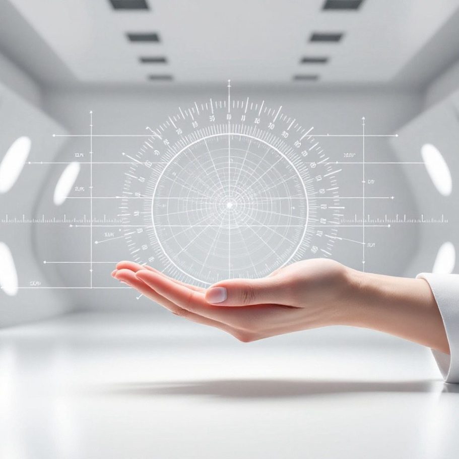 Hand hält holografische Daten in einem futuristischen, leeren Raum.