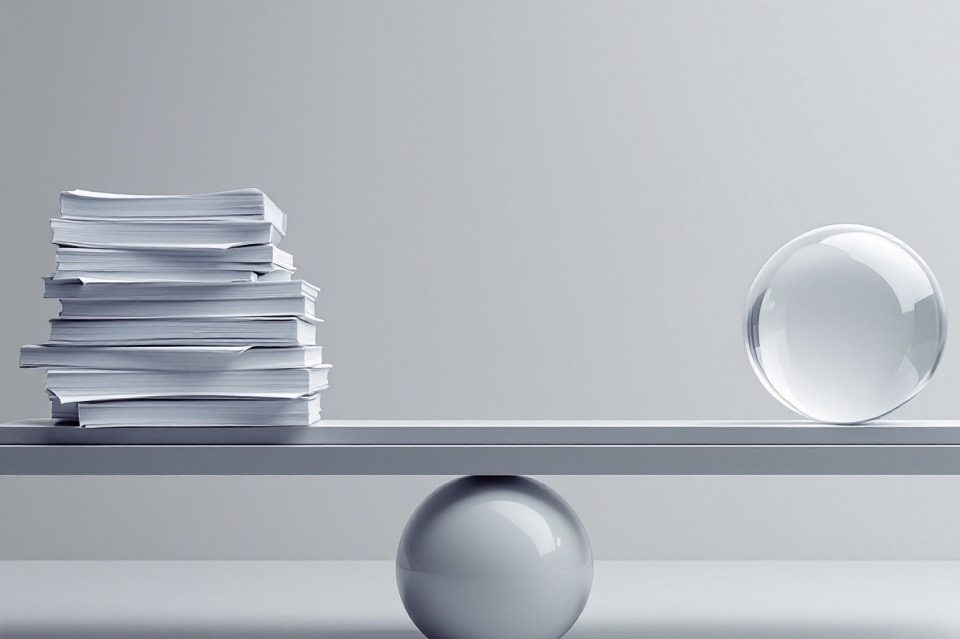 Eine Balance mit einem Stapel Papier auf der linken Seite und transparenten Kugeln rechts.